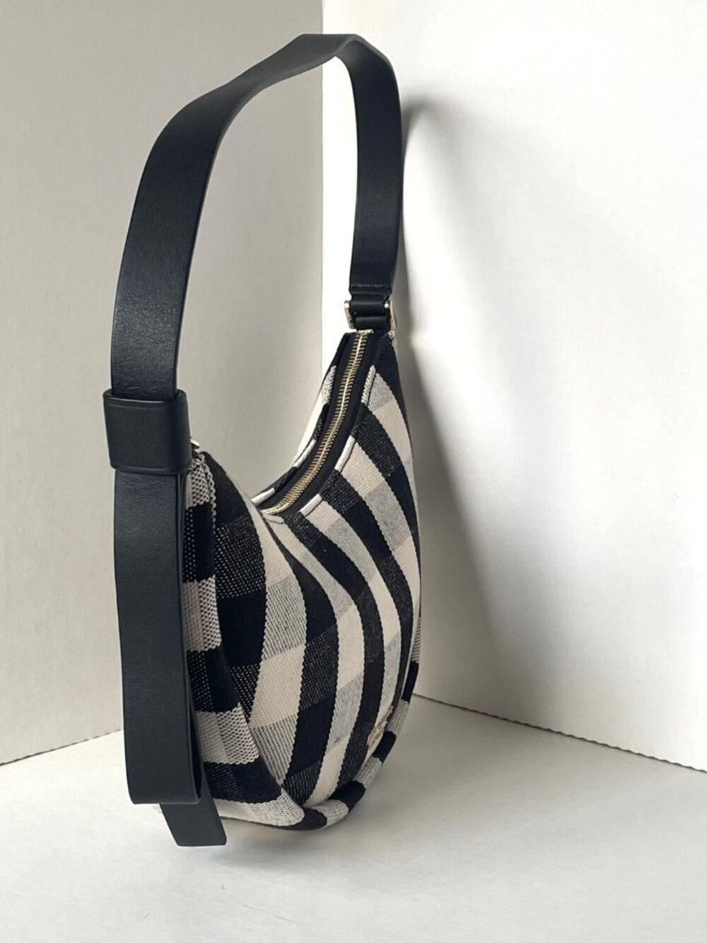 Kate Spade Smile Small Gingham Shoulder Bag Black Check Leather Trim - Picture 8 of 15